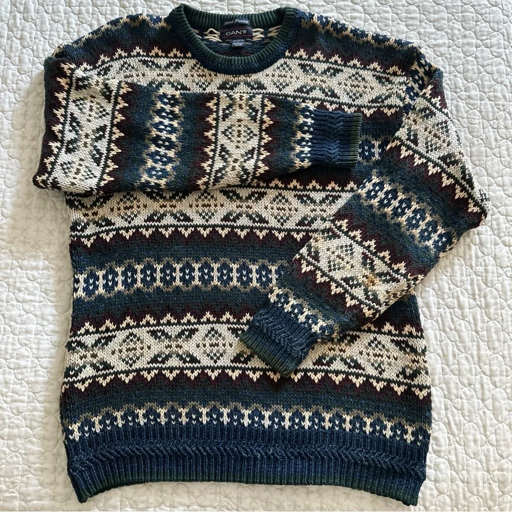 Vintage GANT Sweater Men's Large Colorful Hand Framed Cotton 90's Grandpa Cosby - Picture 2 of 7
